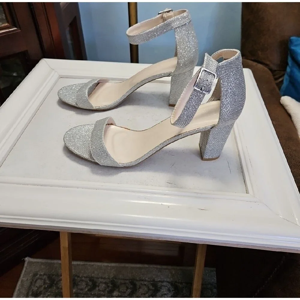David's Bridal Arya Silver Glitter Ankle-Strap Block Heel Sandals - Women  11